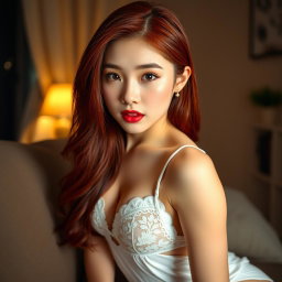 An 18-year-old Korean girl with a provocative face and sexy lips, sitting on her home sofa, looking at the viewer with a seductive gaze and striking a sexy pose