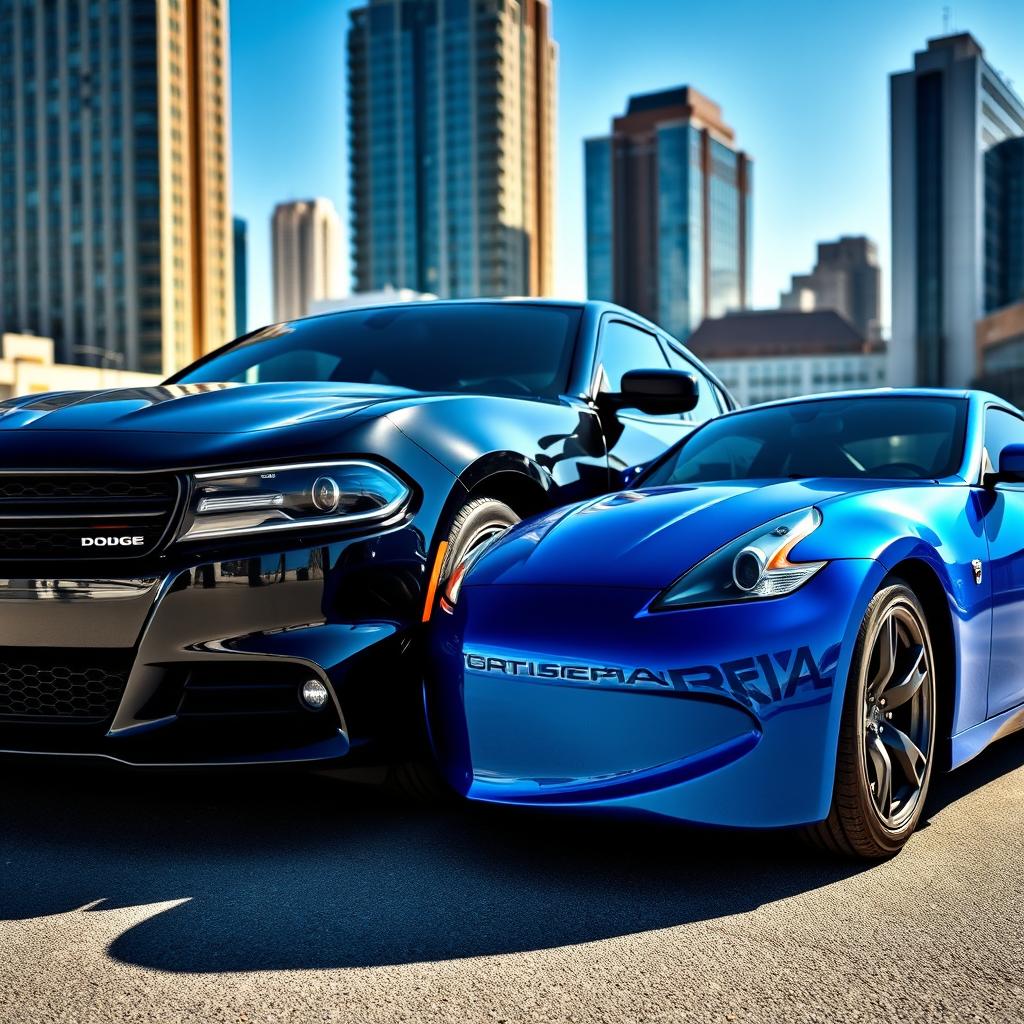 A sleek black Dodge Charger and a stunning blue Nissan 370Z parked next to each other in an urban setting