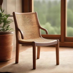 A rich teak wood chair with intricate rattan webing detail, set harmoniously within the cozy ambiance of a cabin retreat.