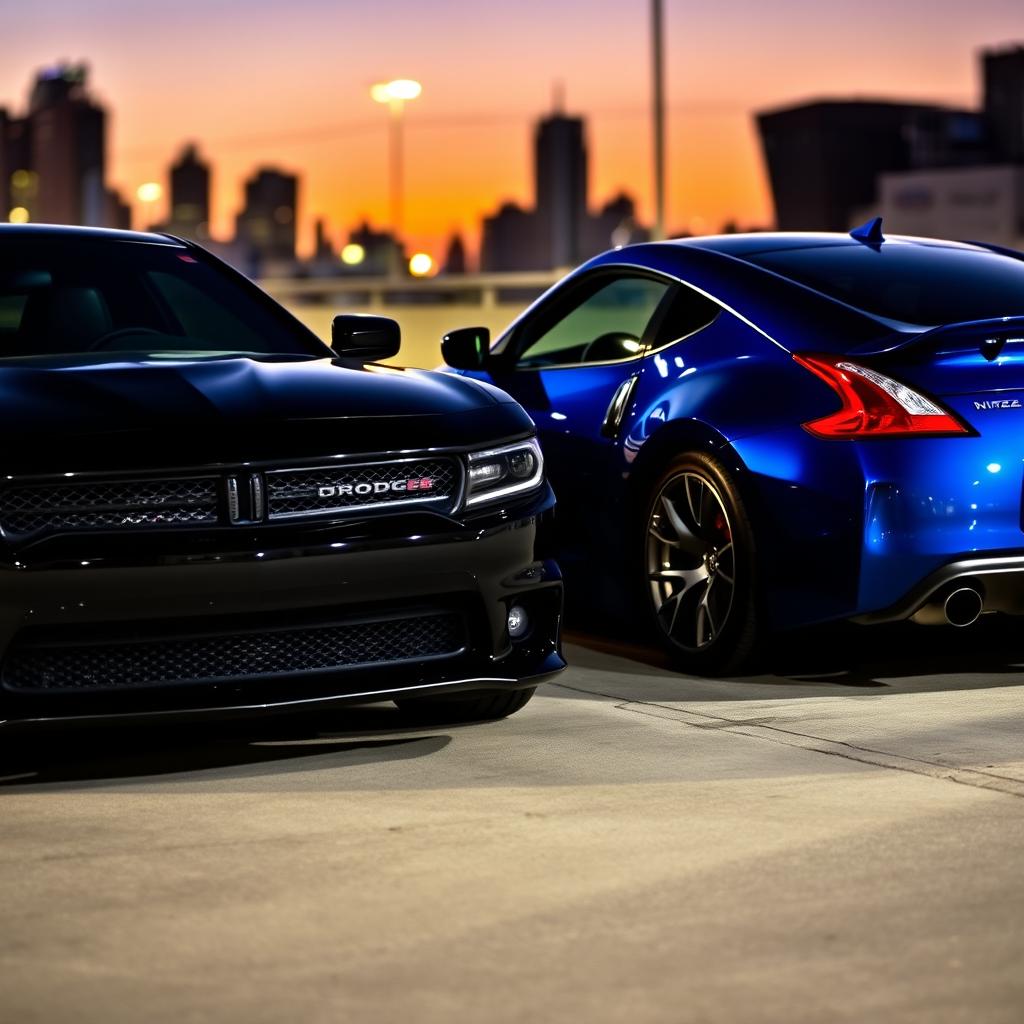 A black Dodge Charger and a blue Nissan 370Z parked next to each other in an urban setting