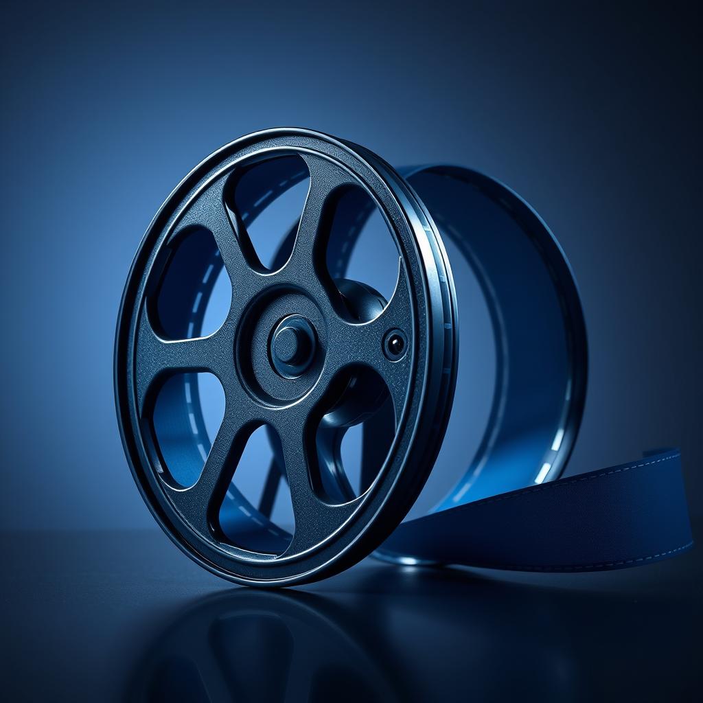 A visually striking dark blue film reel, artistically designed with intricate details
