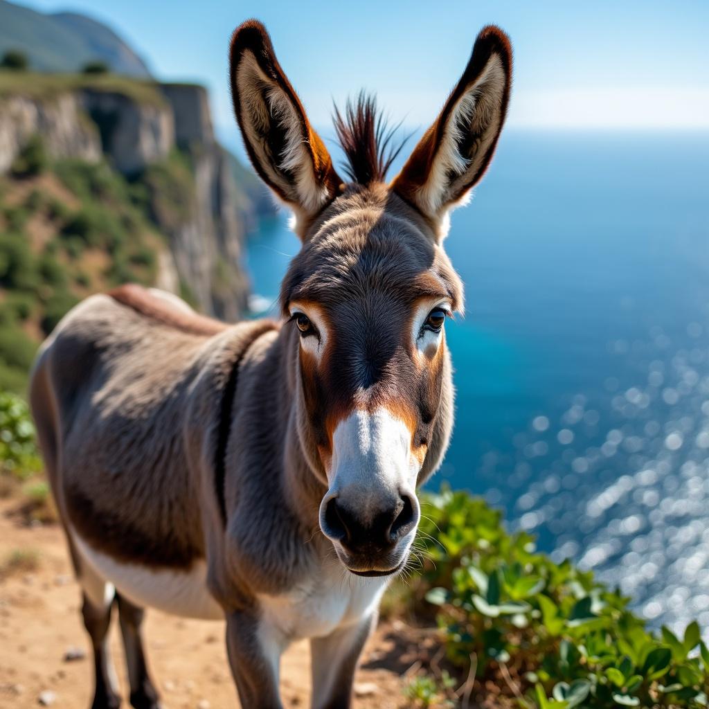 A charming portrait of a donkey standing proudly on a cliff with a breathtaking view of the sea in the background