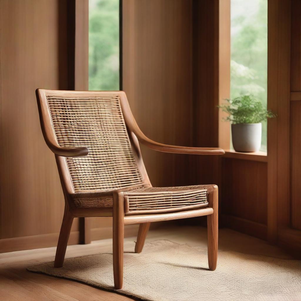 A rich teak wood chair with intricate rattan webing detail, set harmoniously within the cozy ambiance of a cabin retreat.