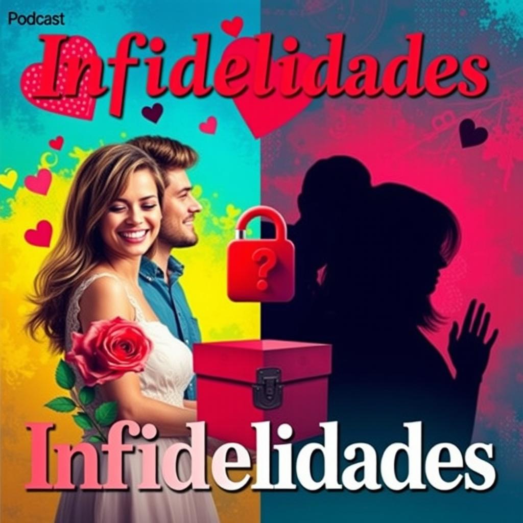 A vibrant and engaging thumbnail for a podcast about infidelities, featuring a split image: one side showing a couple appearing happy and in love, the other side revealing shadows or silhouettes of another person hinting at betrayal