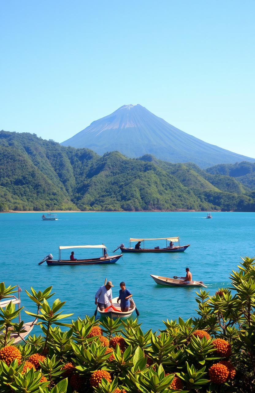 A scenic view of Ternate, the Spice Island, showcasing lush green mountains and clear blue waters