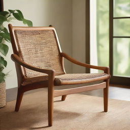 A rich teak wood chair with intricate rattan webing detail, set harmoniously within the cozy ambiance of a cabin retreat.