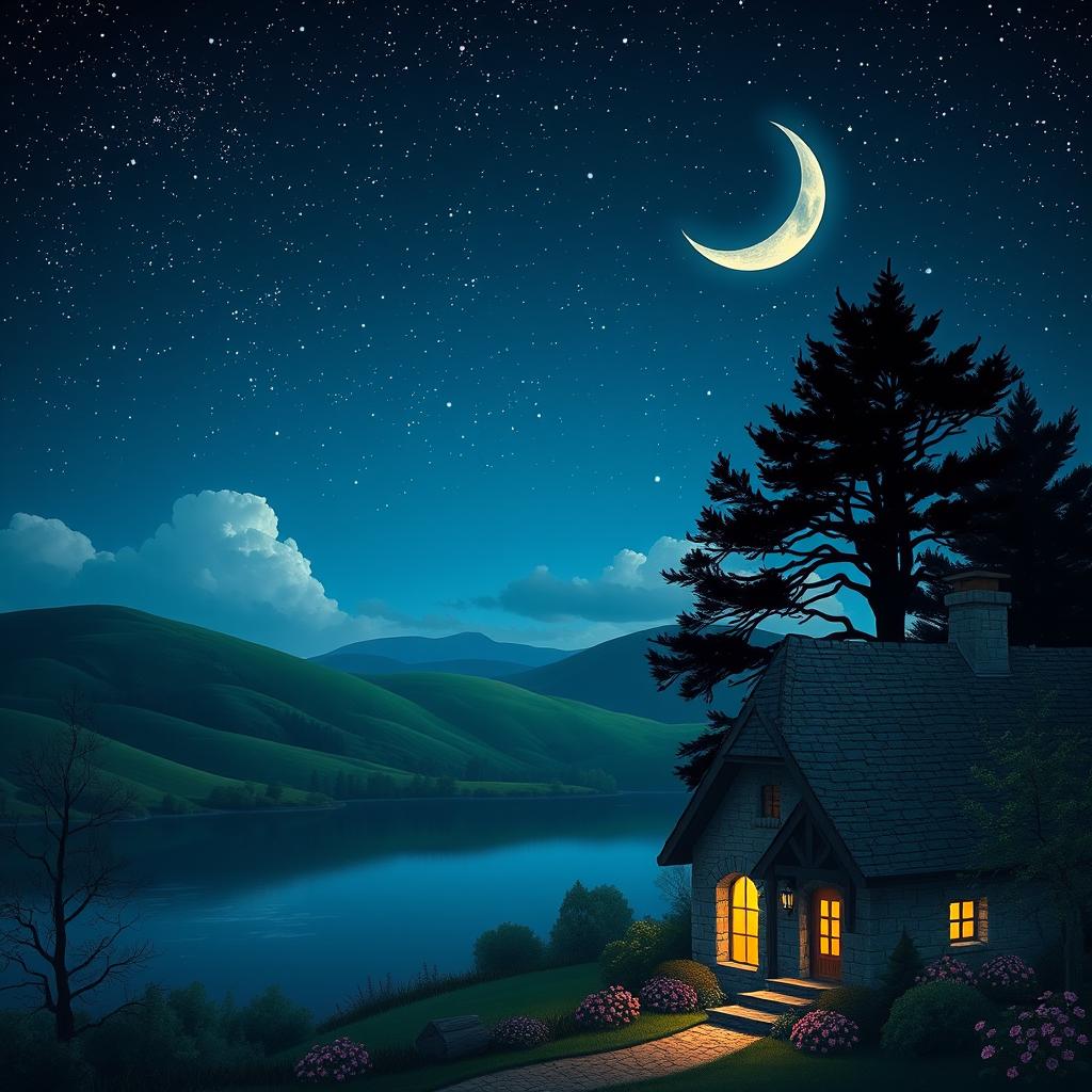A serene and peaceful night scene, featuring a tranquil starry sky filled with shining constellations, a gentle crescent moon illuminating the landscape, and soft clouds drifting by
