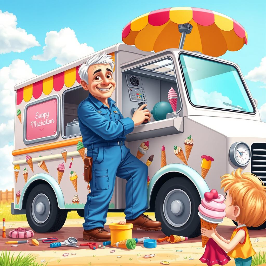 A whimsical scene featuring an ice cream mechanic working on a colorful ice cream truck