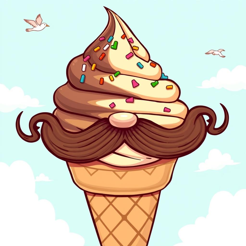 A comical and whimsical illustration of an ice cream cone with a fancy mustache