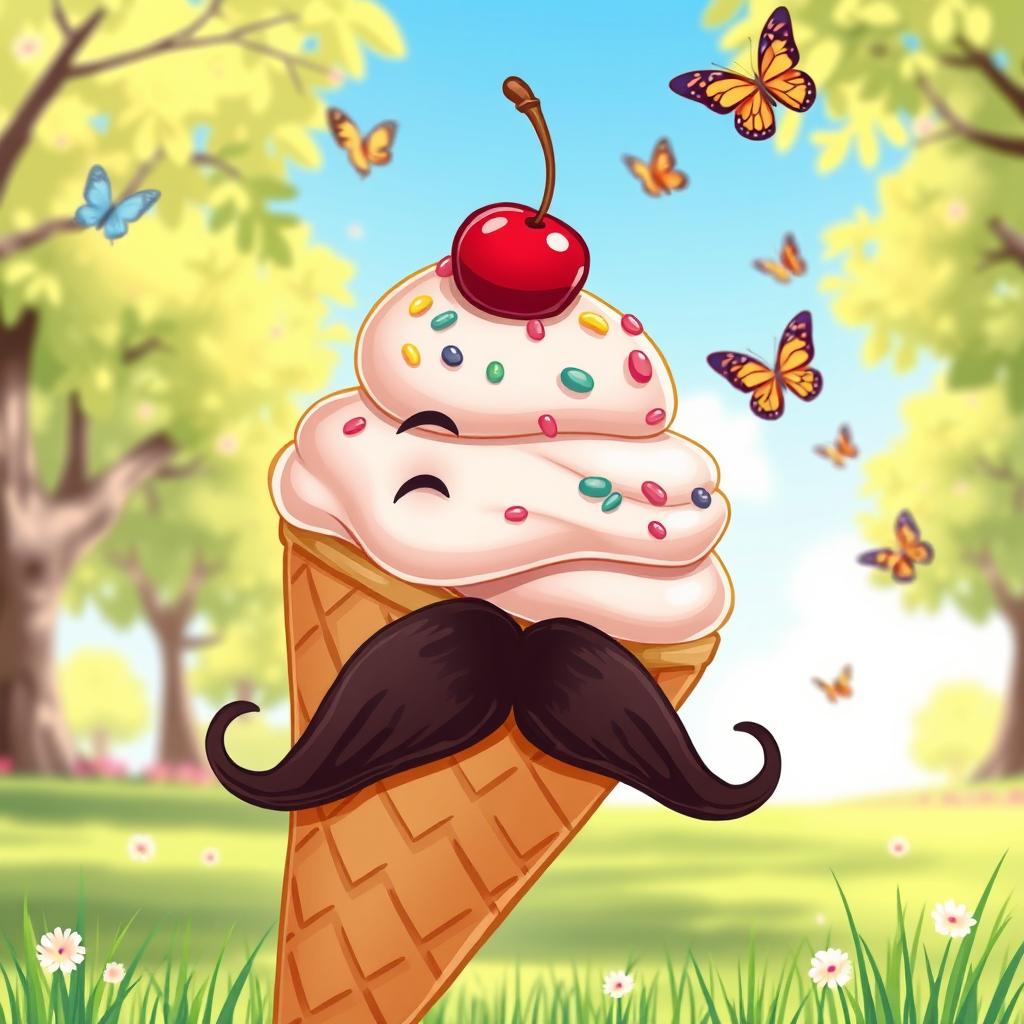 A whimsical and delightful illustration of an ice cream cone featuring a charming mustache
