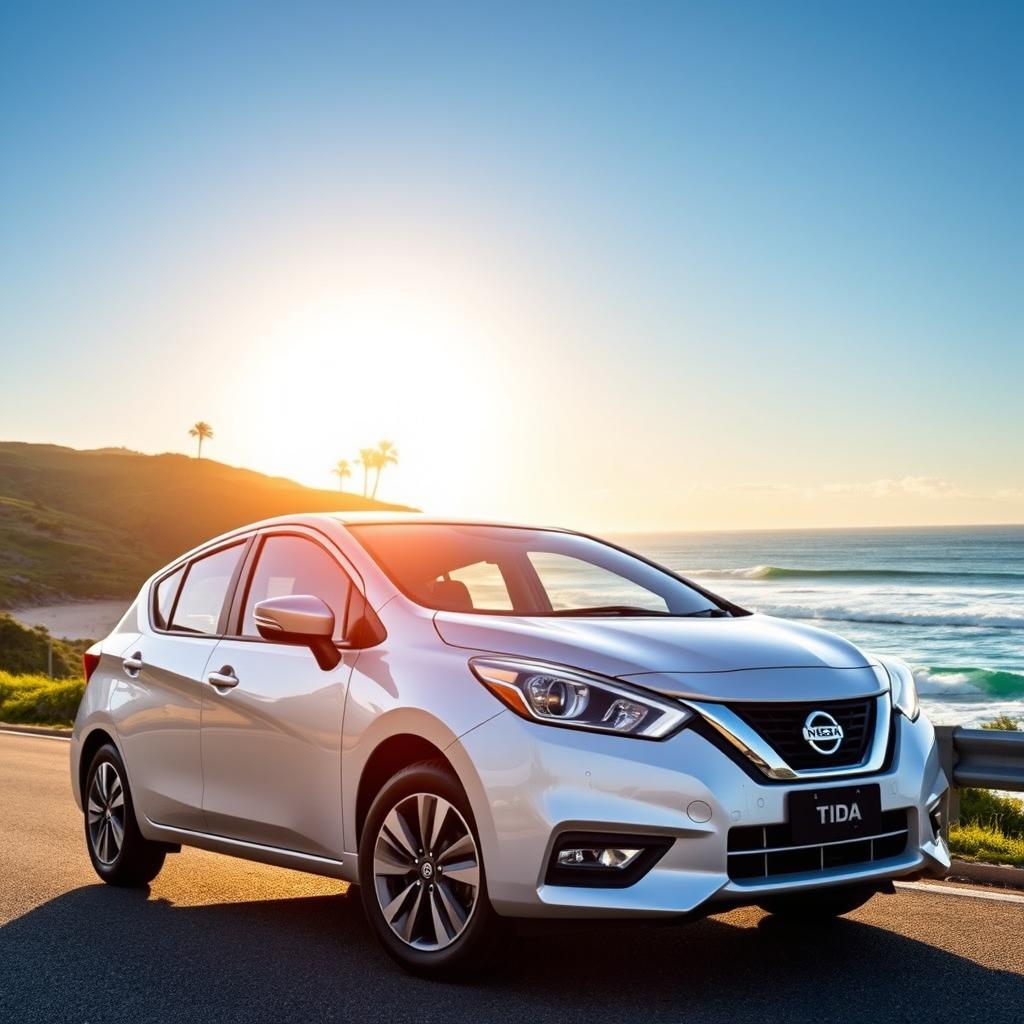 A Nissan Tiida parked on a scenic scenic coastal road, with the ocean waves crashing in the background, under a bright blue sky