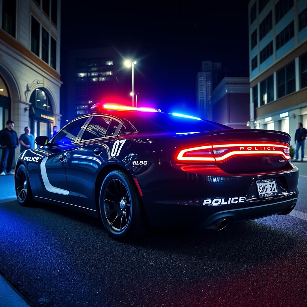 A sleek Dodge Charger police car parked on a city street at night, with flashing blue and red lights illuminating the surrounding area