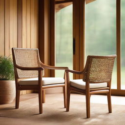 A rich teak wood chair with intricate rattan webing detail, set harmoniously within the cozy ambiance of a cabin retreat.