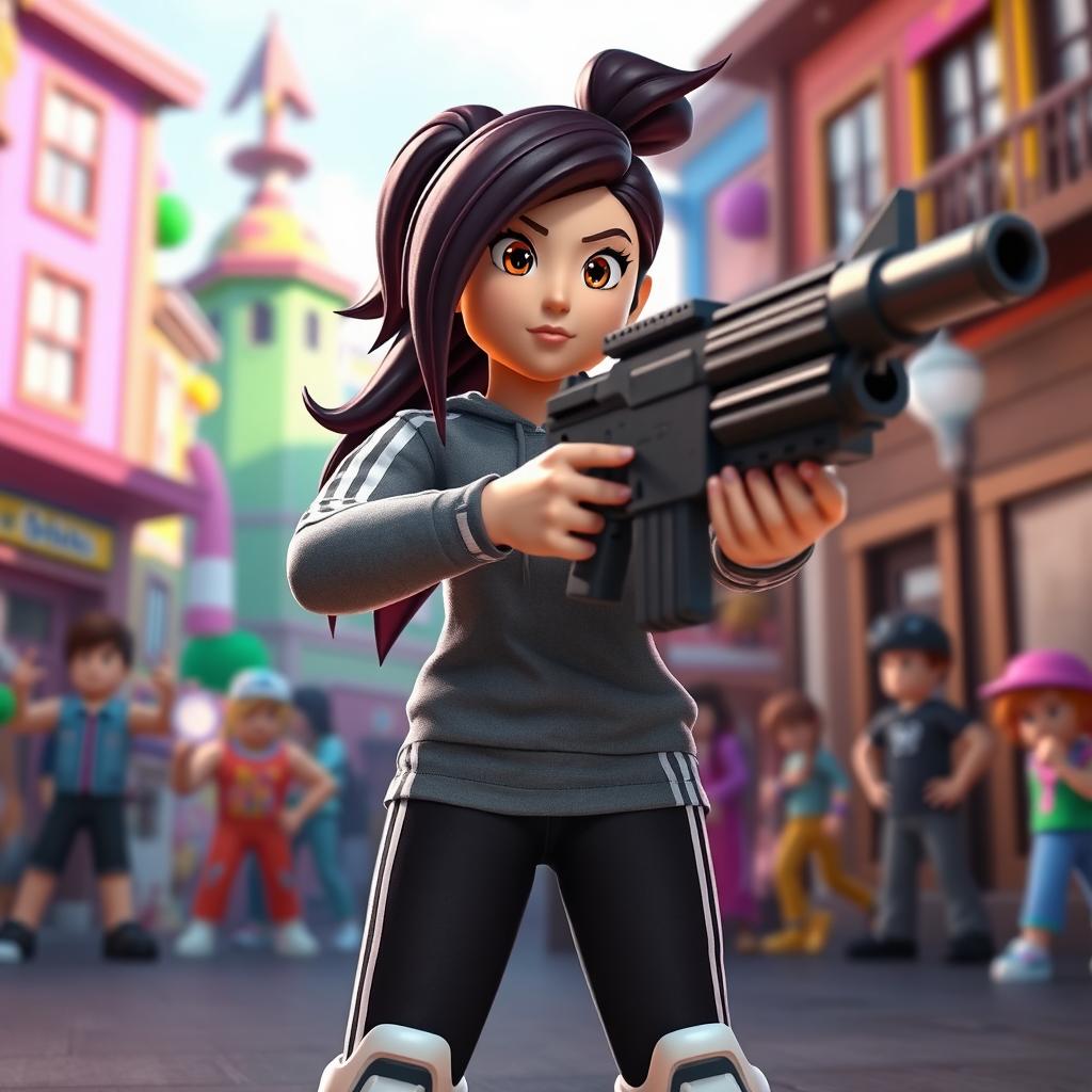 A girl from Adidas, named Keytreney, stands confidently in the middle of an action scene from the Roblox game Brookhaven
