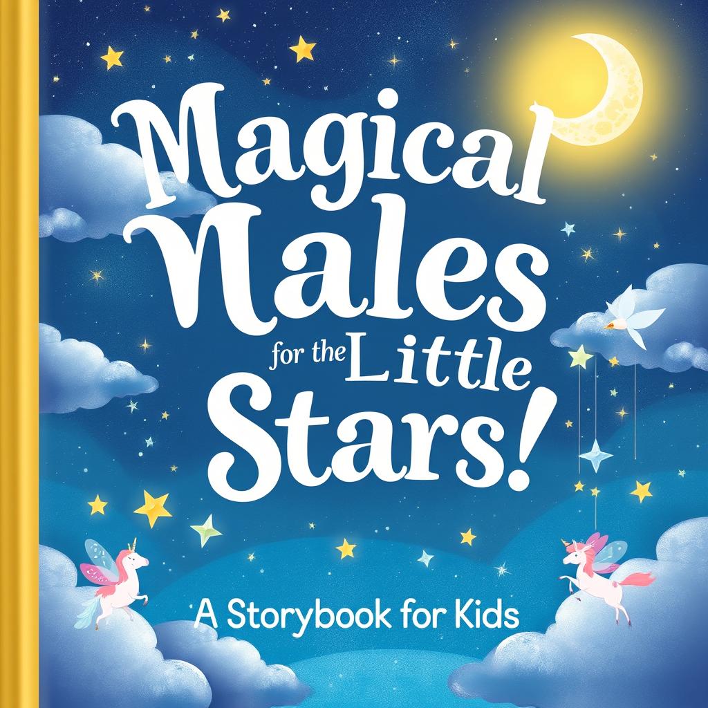 A whimsical book cover design for "Magical Tales for Little Stars!" featuring large, curved white letters with a golden border at the top
