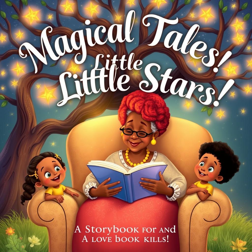 A whimsical and enchanting cover illustration for 'Magical Tales for Little Stars!', featuring an Afro-descendant grandmother with vibrant red hair, sitting comfortably in a large, plush armchair beneath a magical tree with branches adorned with sparkling stars