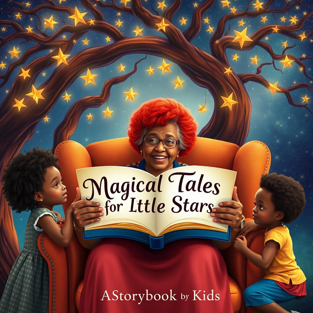 An elderly Afro-descendant woman with vibrant red hair sits gracefully in a large, plush armchair under a magical tree adorned with twinkling stars in its branches