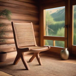 An inviting teak wood chair, exuding warmth with its rich grains, situated in the welcoming atmosphere of a rustic cabin.