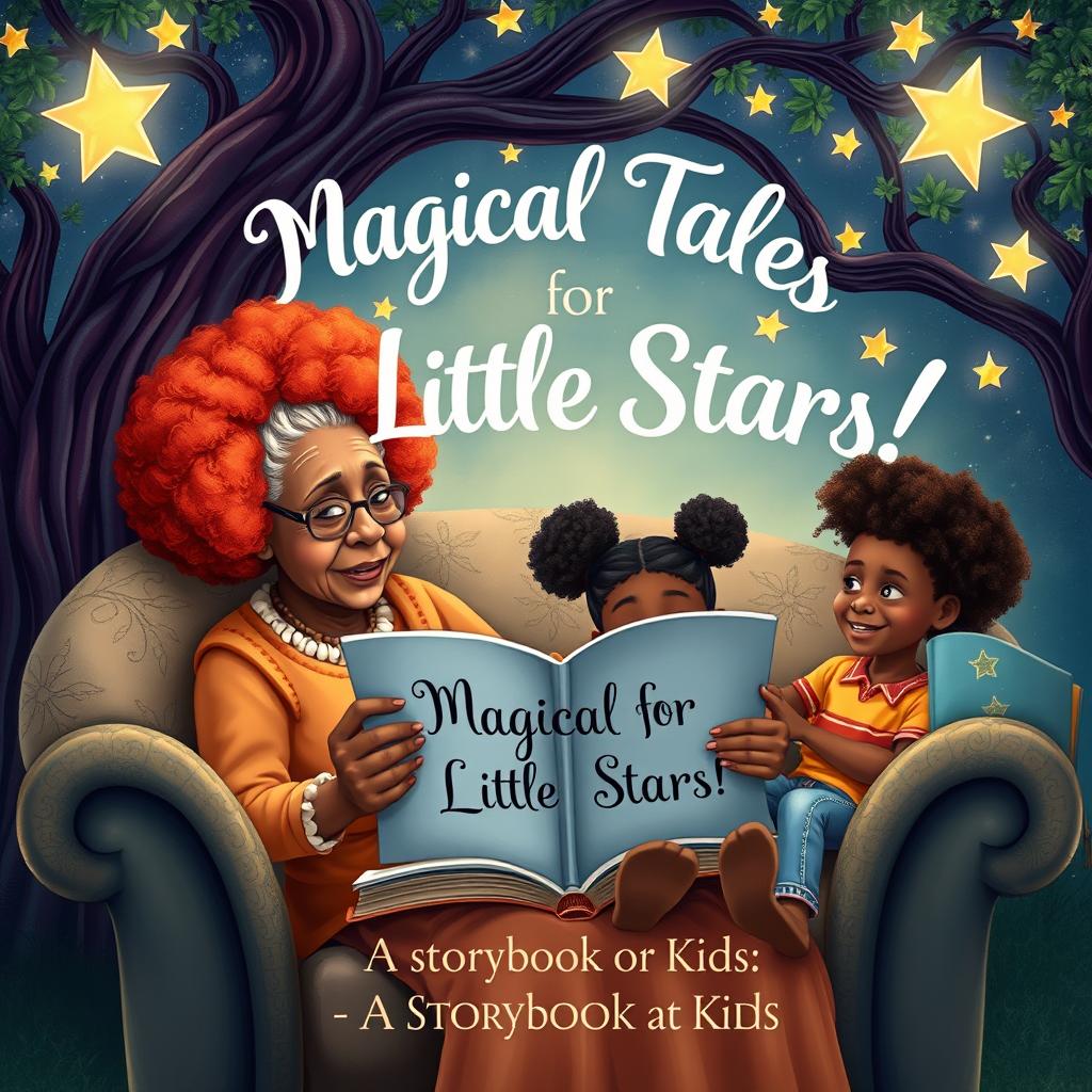 An elderly Afro-descendant woman with striking red hair sits comfortably in a large, cozy armchair under a magical tree, whose branches are adorned with sparkling stars