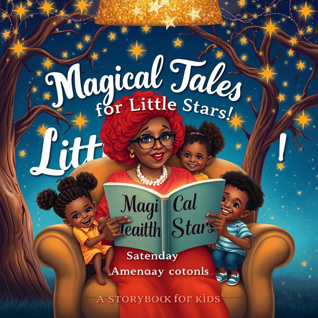 An elderly Afro-descendant woman with captivating red hair sits elegantly in a large, soft armchair under a magical tree embellished with branches full of twinkling stars