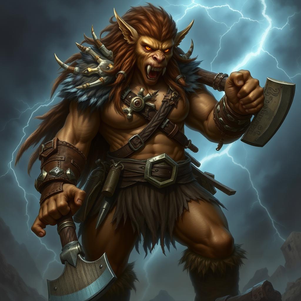An aggressive female bugbear barbarian, standing tall and imposing, with muscles rippling under her thick fur