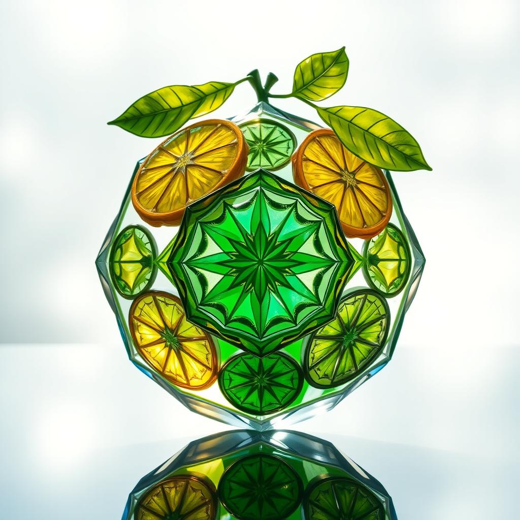 A stunning piece of glass artwork inspired by sacred geometry, featuring intricately designed lemon shapes that harmoniously blend with patterns of circles and fractals