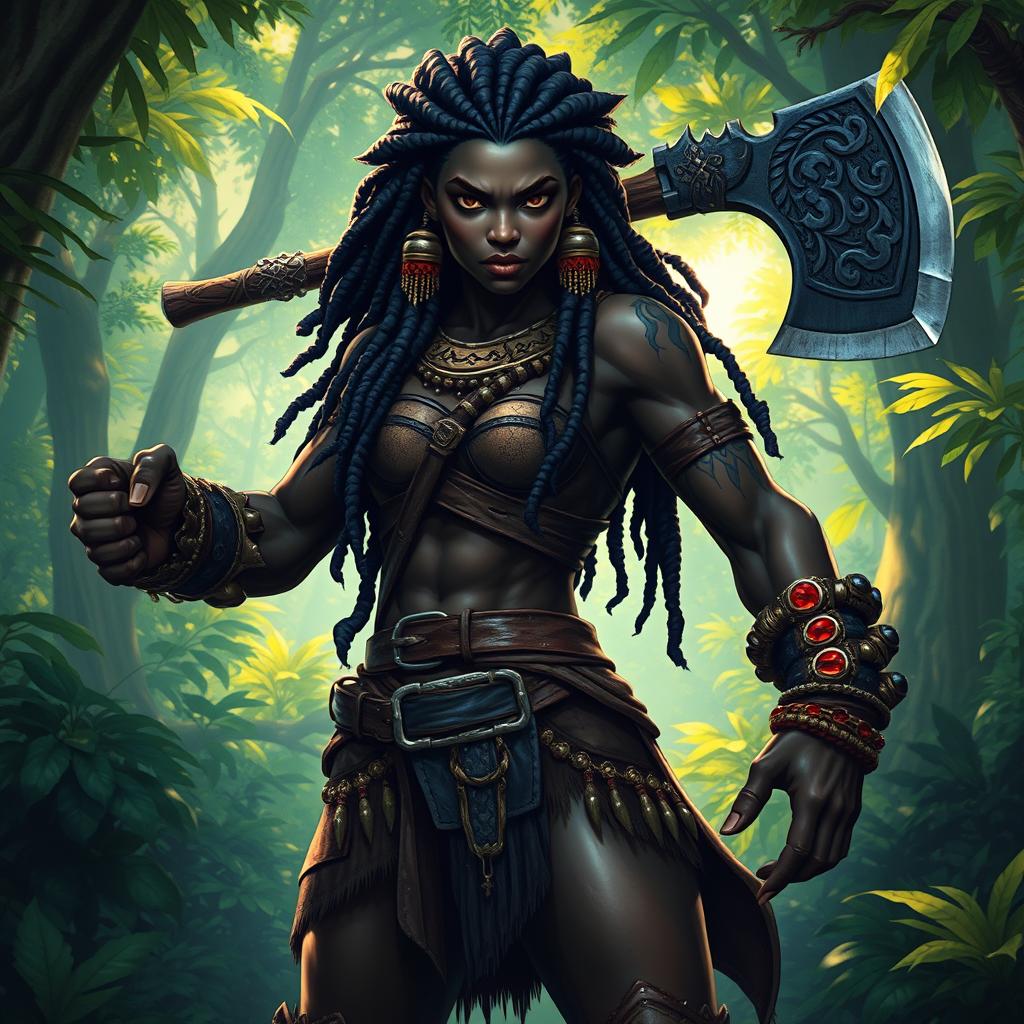 A powerful black female bugbear barbarian stands confidently in a lush, vibrant forest