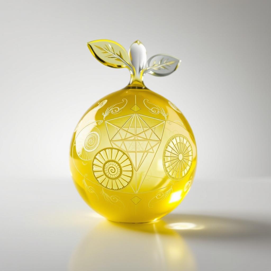 A beautifully crafted glass sculpture shaped like a lemon, intricately designed with elements of sacred geometry