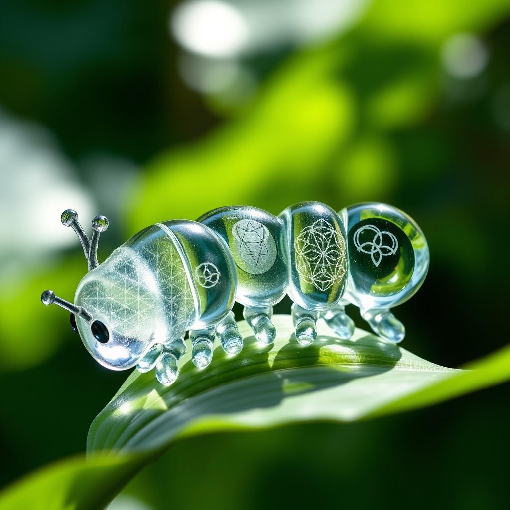 A stunning glass caterpillar intricately designed with elements of sacred geometry