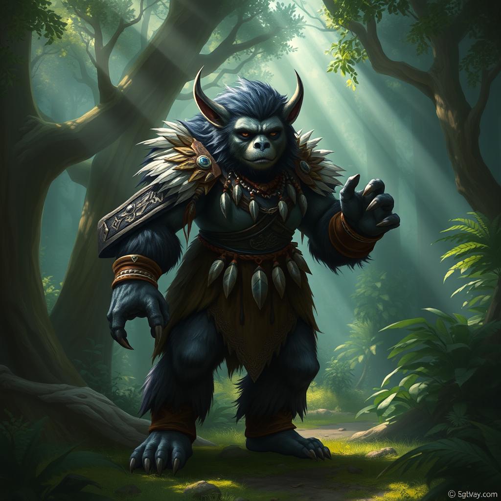 A female bugbear standing in a mystical forest, showcasing her large, powerful physique and imposing presence
