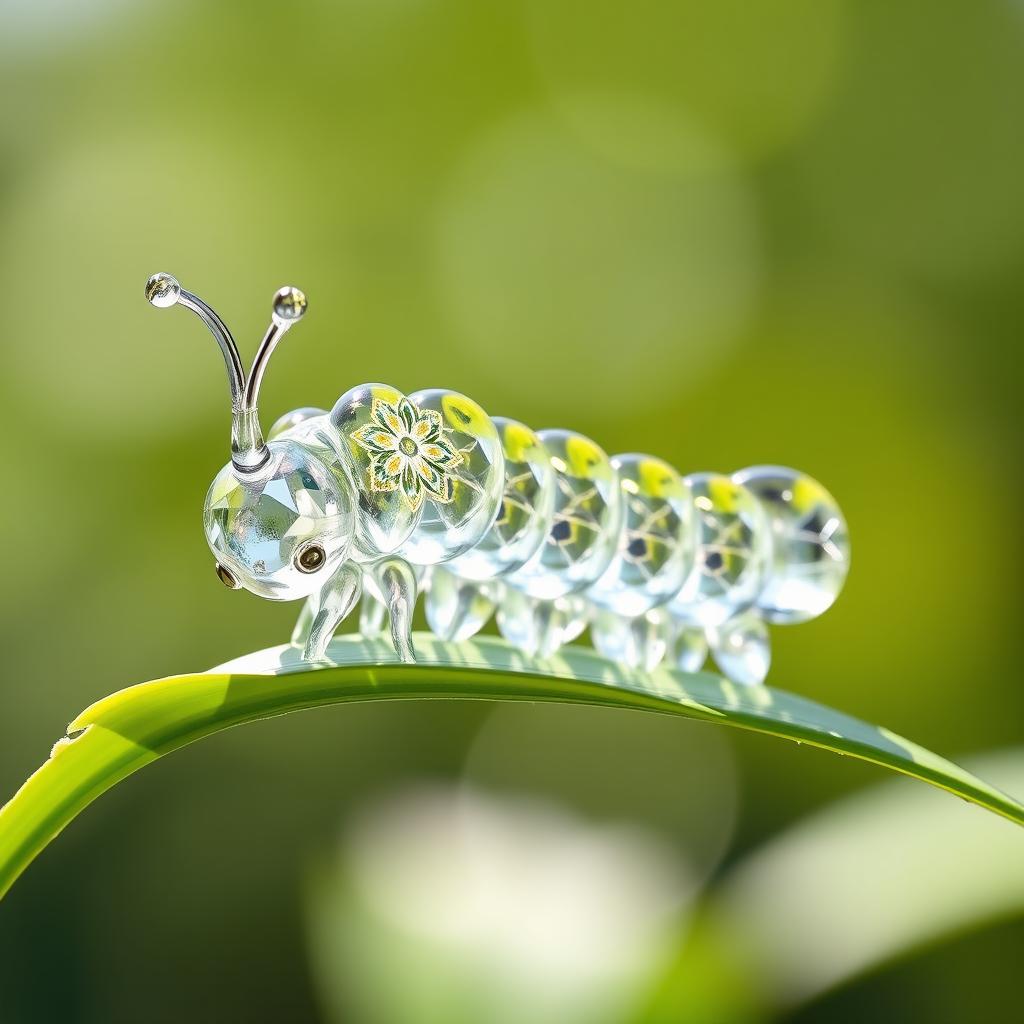 A mesmerizing glass caterpillar intricately crafted with elements of sacred geometry