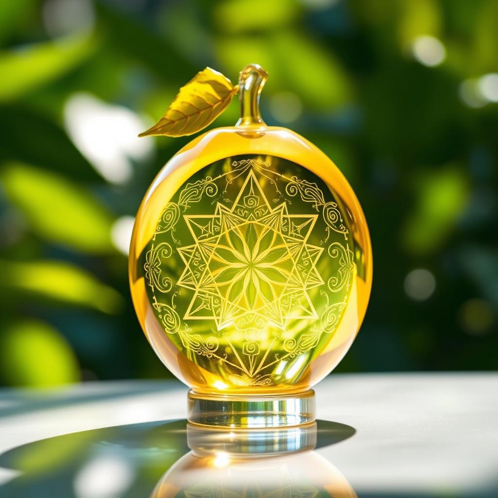 A beautifully crafted glass lemon, intricately designed with patterns of sacred geometry