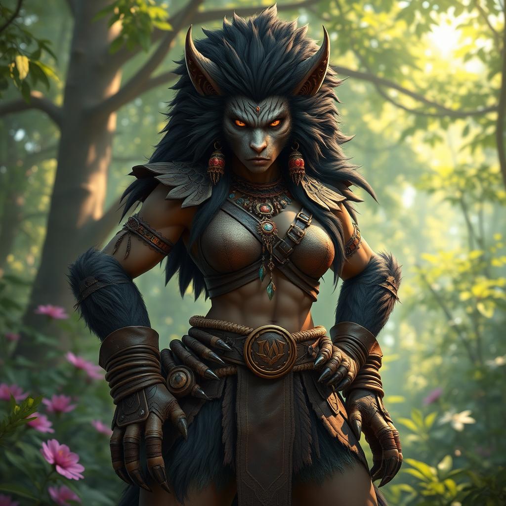 Fierce Female Bugbear in Enchanting Forest | Idyllic AI Art