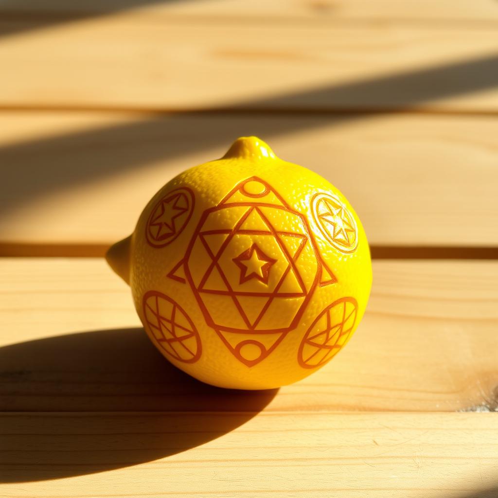 A visually stunning composition featuring a real lemon intricately designed with sacred geometry patterns etched onto its surface
