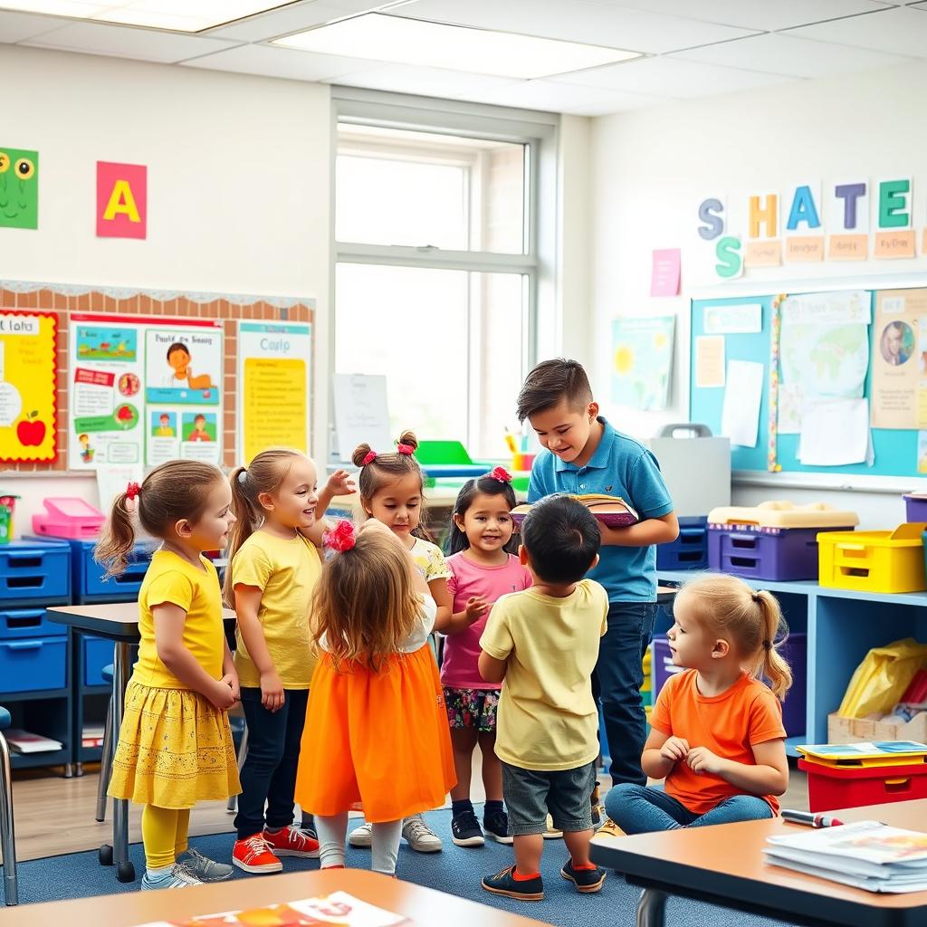A classroom scene where the first-grade students are interacting with fourth-grade students
