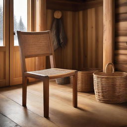 An inviting teak wood chair, exuding warmth with its rich grains, situated in the welcoming atmosphere of a rustic cabin.