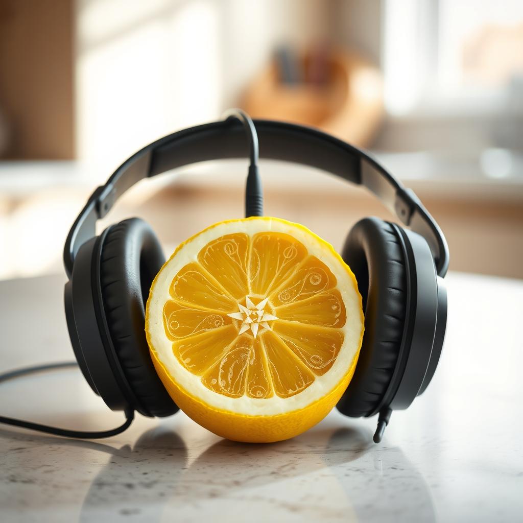A creative and whimsical scene featuring a pair of stylish headphones connected to a halved lemon adorned with intricate sacred geometry patterns