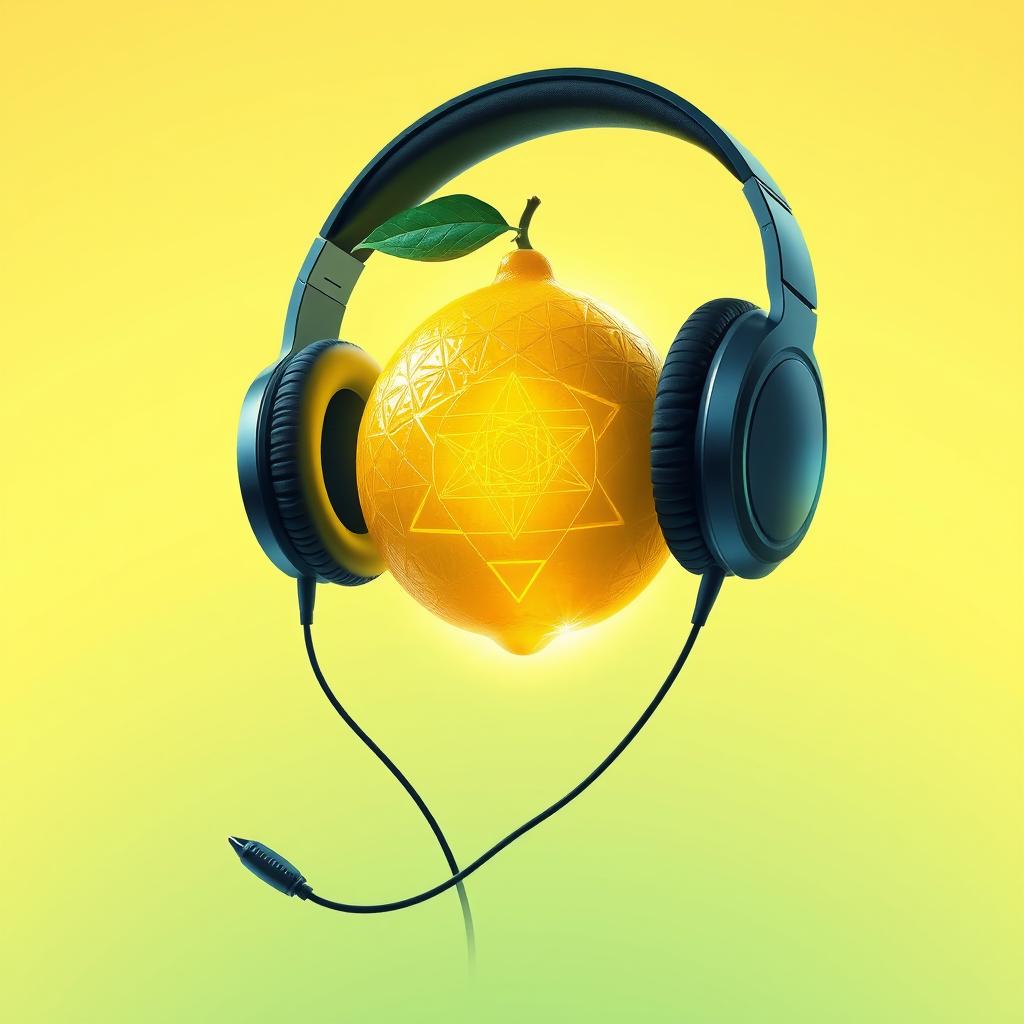 A vibrant and surreal digital artwork featuring a pair of modern, sleek headphones connected to a floating, luminous lemon