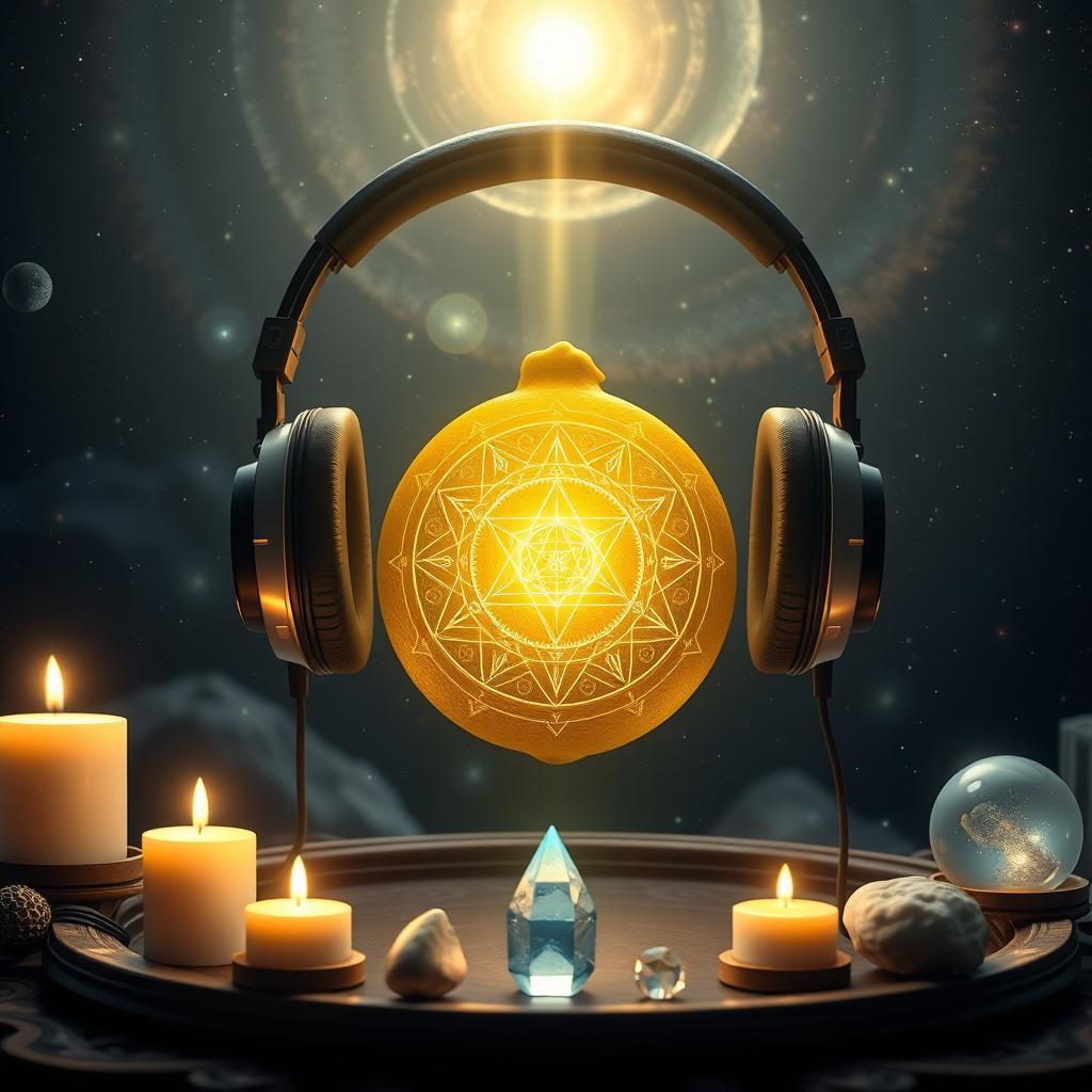 A mesmerizing digital artwork depicting a pair of futuristic headphones connected to a glowing lemon, which is a central element in a sacred ritual