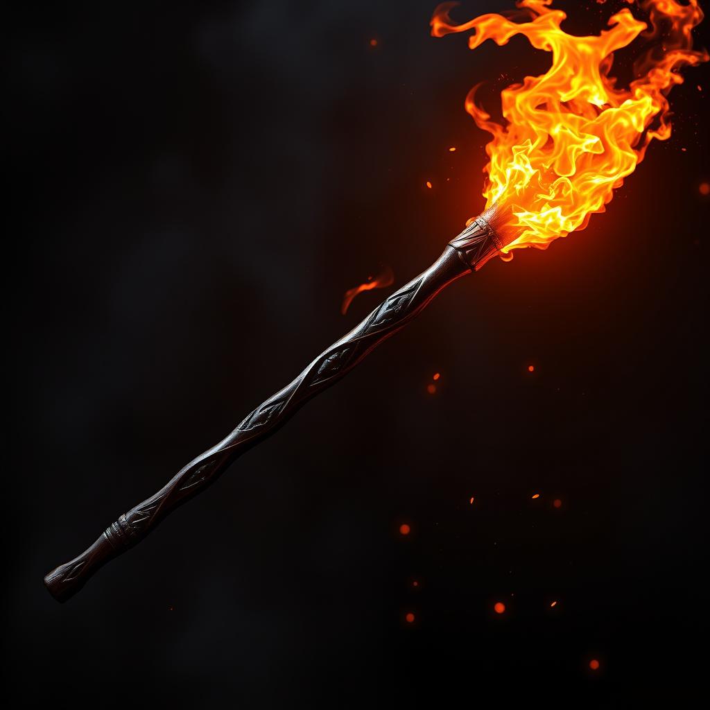 A stunning portrait of a quarterstaff infused with the power of fire, beautifully crafted from dark, polished wood with intricate carvings along its length
