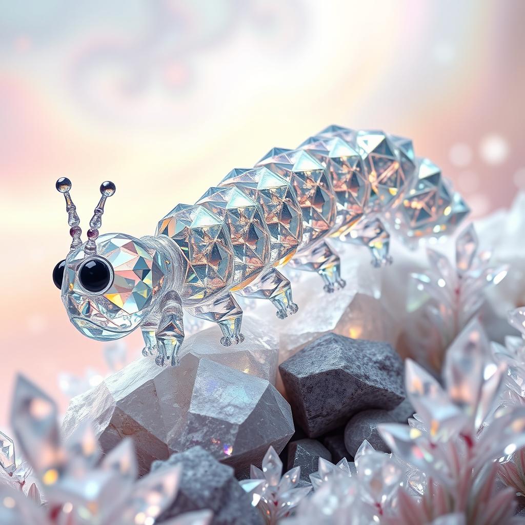 An imaginative and detailed digital artwork showcasing a crystal-clear glass caterpillar, intricately designed with sacred geometry patterns on its body