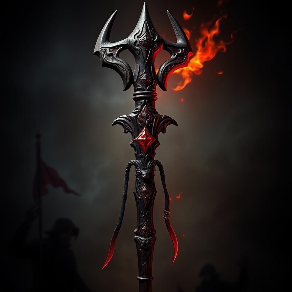 A striking portrait of a quarterstaff designed for a warlock who has made a pact with Asmodeus, showcasing the staff as a powerful magical artifact