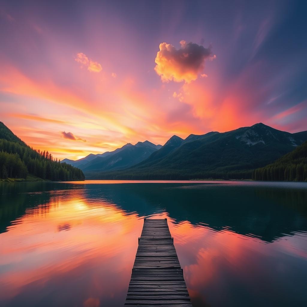 An enchanting, serene landscape at sunset featuring a calm lake surrounded by lush green forests and tall mountains in the background