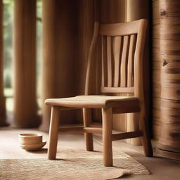 An inviting teak wood chair, exuding warmth with its rich grains, situated in the welcoming atmosphere of a rustic cabin.