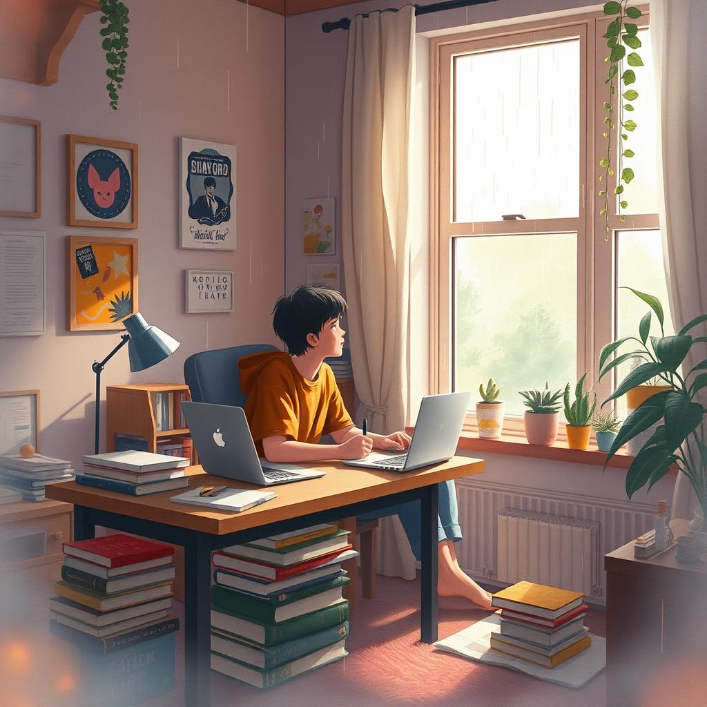 A serene, atmospheric scene featuring a teenager in a cozy room on a rainy day