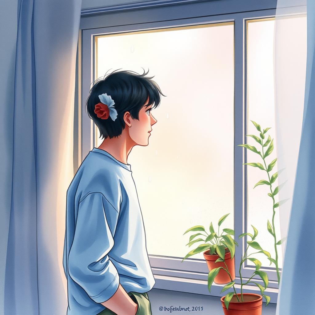 A serene watercolor painting of an adult figure looking out a window on a rainy day