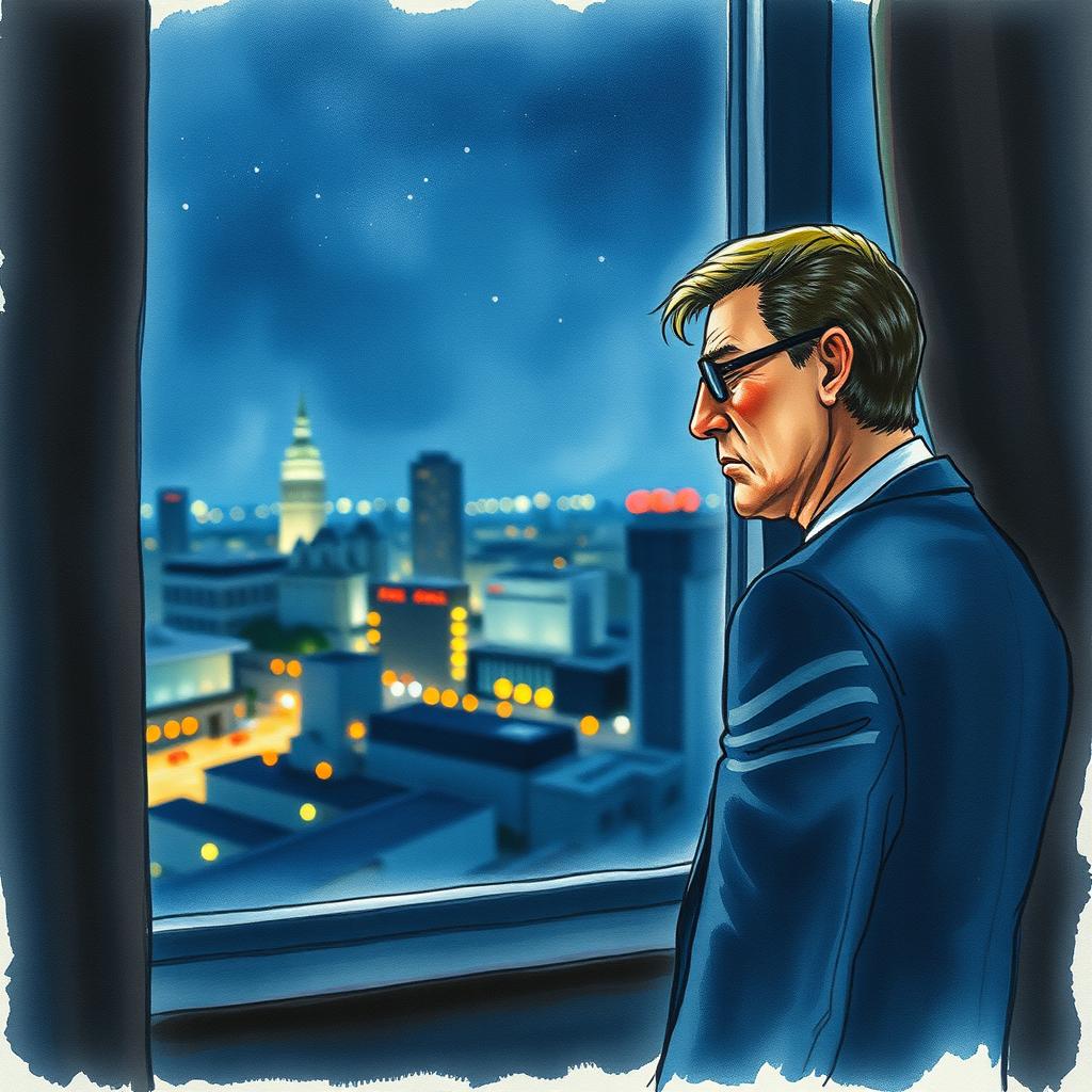 A poignant watercolor painting of an exhausted adult in a business suit looking out the window during nighttime