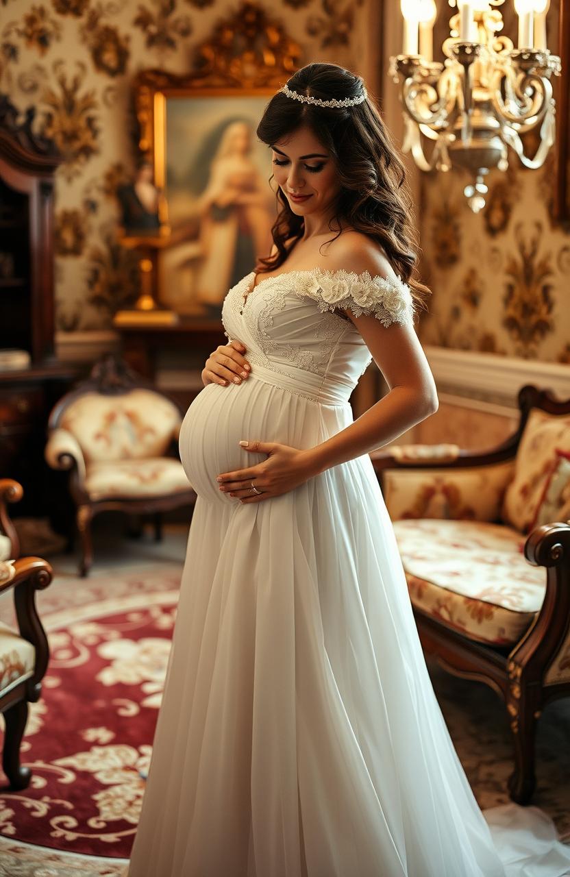 A beautiful woman in a luxurious flowing wedding dress stands in the center of a Victorian-style room, captured from the side