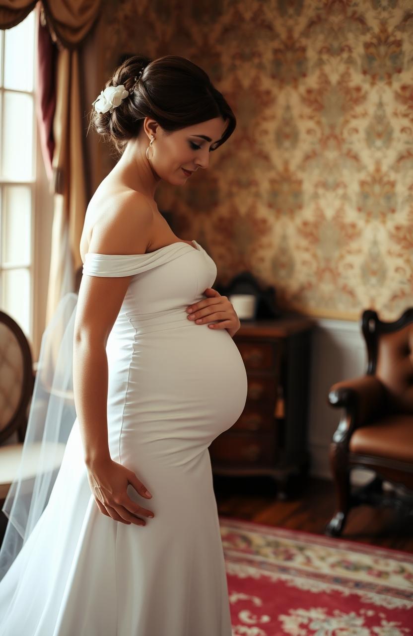 A bride in a simple wedding gown stands elegantly in a Victorian style room
