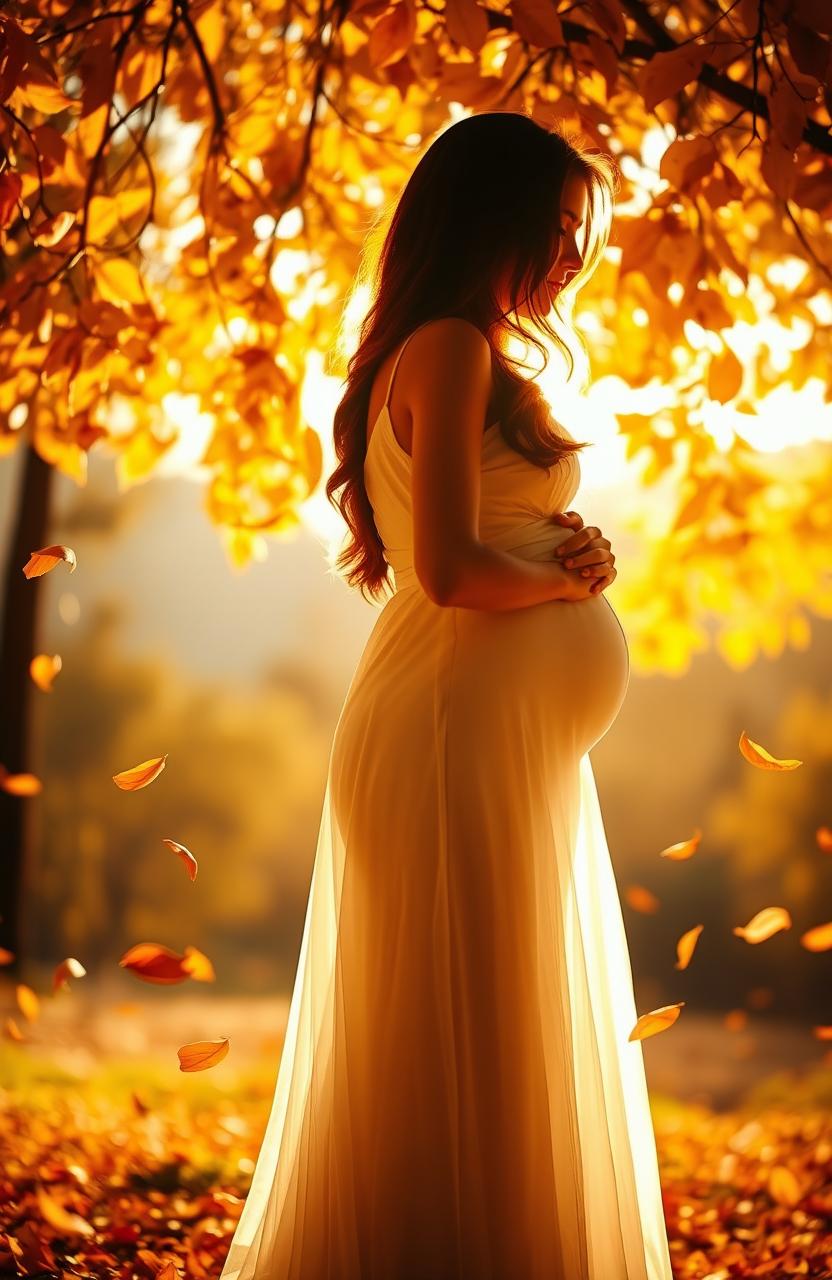 A stunning autumn scene dominated by golden hues, with falling leaves delicately transforming into flower petals